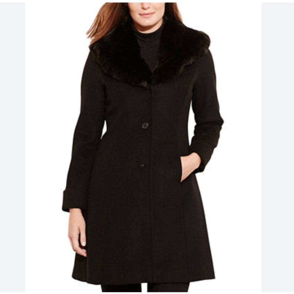 Ralph Lauren Black Wool Coat with Faux Fur Collar
